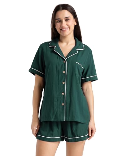 Image of Womens Muslin Pajama Sets 100% Cotton Double Gauze Linen Like Short | Breathable Soft Comfort Button Up Loungewear Sleepwear PJ Set