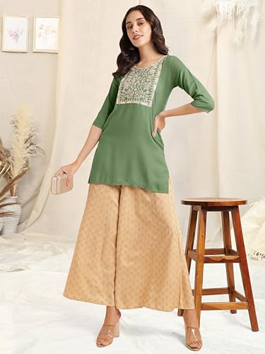 Image of MIRCHI FASHION Women's Straight Fit Rayon Sequins Embroidered and Polka Dots Printed Kurti Only