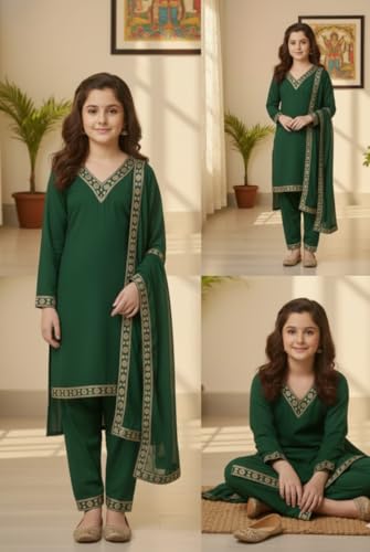 Image of Girls Stylish Rayon Lace Work Kurti with Dupatta and Pant