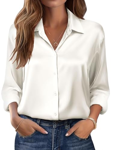Zeagoo Blusa de satén para mujer, manga larga, cuello en V, cuello en V, elegante, informal, trabajo suelto, oficina, blusa, túnica, otoño, beige, M