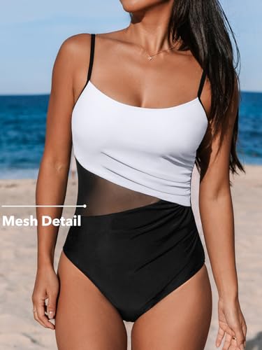 CUPSHE Women's One Piece Swimsuit Bathing Suit Scoop Neck Cutout Back Hook Color Block Mesh Swimwear4