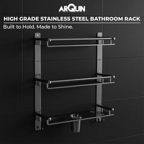 Image of ARQUIN Bathroom 3 Layer Shelf | Bathroom Accessories Set | Bathroom Storage Organiser Multipurpose Stainless Steel 3 Tier Shelf with Double Soap Dish & Toothbrush Tumbler Holder