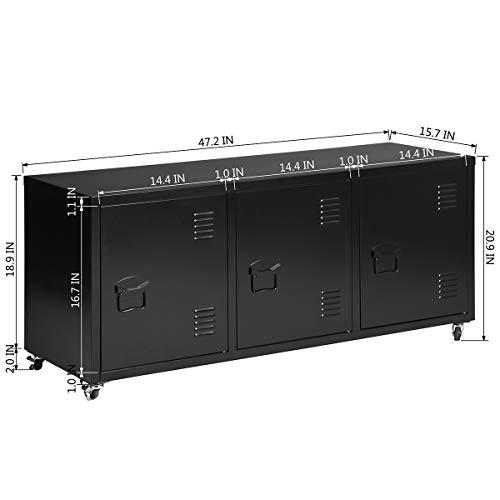 FurnitureR Metal Locker Teens Storage Cabinet 3 Doors 2 Tier Shelves Removable Rolling Wheels (Black) - Thumbnail 6