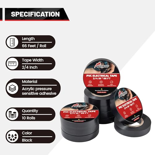 Image of RED WOLF Electrical Tape 10 Rolls 1 /2 inch x 66FT PVC, Acrylates Copolymer Viscosity Flexibility Flame Retardant Electric Tape Waterproof 600 Volt for Auto Engine Insulating Wiring Harness