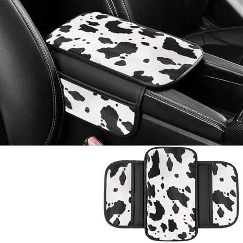 Dotesy Cow Pattern Car Center Console Cover,Microfiber Leather Car Armrest Cover Cushion with 2 Storage Bags,Universal Car Armrest Storage Box Car Interior Accessories for Most Vehicles (Black White)