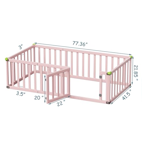 ROOMTEC Twin Size Montessori Floor Bed for Kids, Solid Wood Toddler Bed Frame w/Convertible Door and Safety Fence, Floor-Bed-Frame for Children Bedroom, Toddlers, Boys Girls, Kids Playroom, Pink