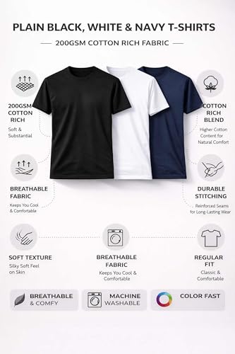 Image of Men's Round Neck T-Shirt Combo Pack (Pack of 3) | 100% Cotton 200 GSM | Bio-Washed | Soft & Breathable | Regular Fit Plain T-Shirts for Men
