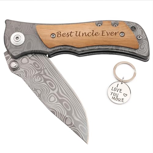 Image of Corfara Engraved Tactical Survival Folding Pocket Knife with Wood Handle - Best Uncle Ever - Uncle Gifts for Birthday, Fathers Day, Christmas from Niece, Nephew