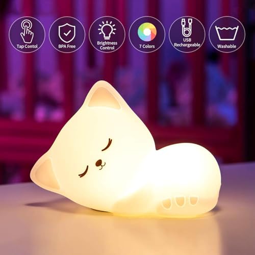 Image of GITGRNTH Cat Night Light for Kids, Soft Silicone Touch Lamp, Rechargeable LED Nursery Night Light, Cute Kitten Night Lamp for Baby Bedroom, Color Changing Night Lights for Girls Boys, Gift