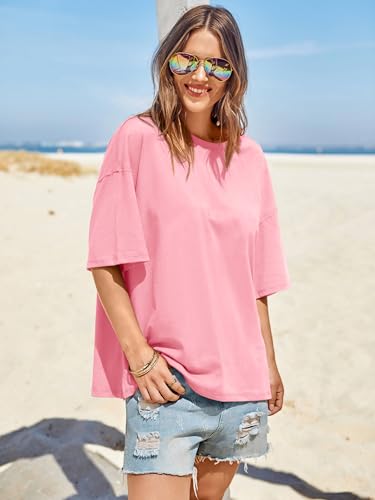 Image of Tankaneo Womens Oversized Tshirts Summer Casual Short Sleeve Crew Neck T Shirt Loose Fit Side Slit Tee Tops