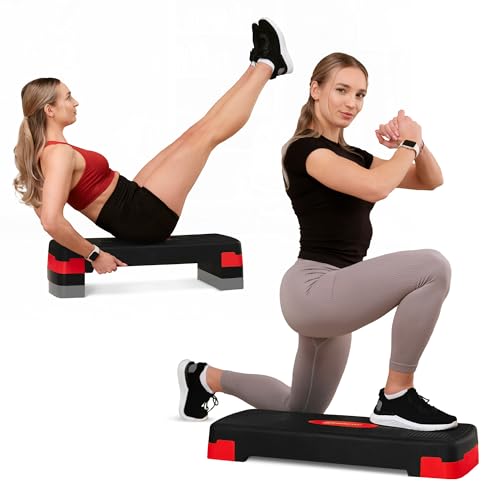 Hop-Sport Steppbrett HS-PP033AS für Zuhause - höhenverstellbarer Aerobic Stepper Fitness mit 3 Stufen & Anti-Rutsch-Oberfläche, Step bis 350KG belastbar (Rot)