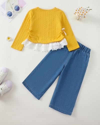 Image of Kucnuzki Toddler Baby Girl Clothes Long sleeve Fall Winter Shirt Tops Baggy Jeans Pants Set Kids Girls Outfits 2 Piece