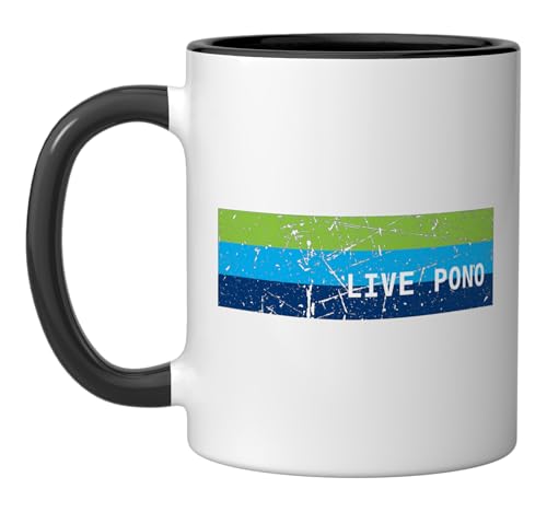 Live Pono Hawaii balance nature harmony aloha ohana blues Ceramic Mug, Black/White
