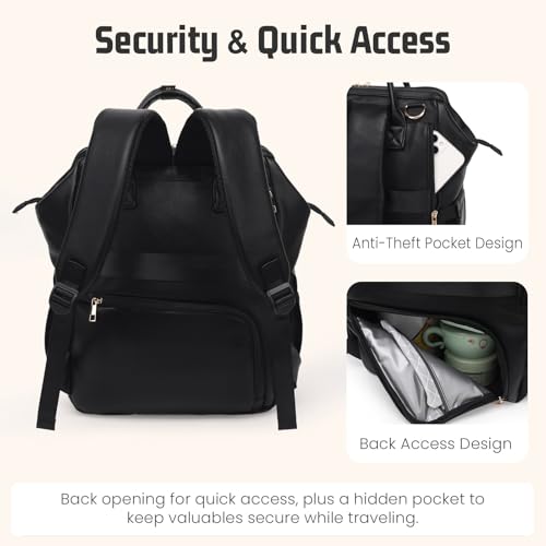 Premium Vegan Leather Diaper Bag Backpack with Waterproof Changing Pad – Reinforced Stitching & Zippers, Baby Bag for Boy Girl, Stroller Straps, Ergonomic Design for Traveling Moms, Black