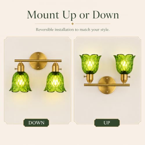 Image of 2-Light Hardwired Wall Sconces Set of Two, 14.17 inch Gold Bathroom Sconces with Clear Green Glass, Vintage Sconces Wall Decor Set of 2 Wall Light fixtures for Bathroom Mirror Living Room Hallway Bedroom