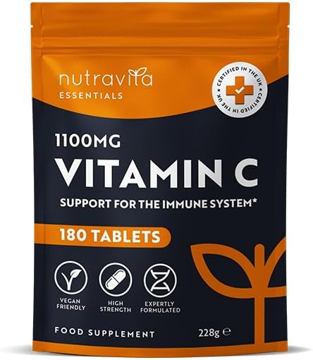 Nutravita Vitamin C Tablets 1100mg – 180 Premium Vegan and Vegetarian Tablets – 3 Month Supply - High Strength Ascorbic Acid - Vitamin C for The Immune System - Letterbox Friendly - Made in The UK