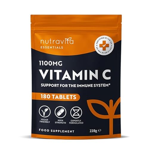 Nutravita Vitamin C Tablets 1100mg – 180 Premium Vegan and Vegetarian Tablets – 3 Month Supply - High Strength Ascorbic Acid - Vitamin C for The Immune System - Letterbox Friendly - Made in The UK