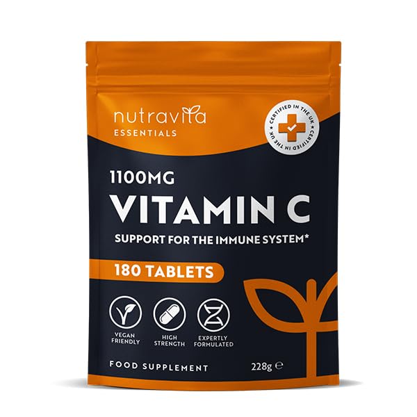 Nutravita Vitamin C Tablets 1100mg – 180 Premium Vegan and Vegetarian Tablets – 3 Month Supply - High Strength Ascorbic Acid - Vitamin C for The Immune System - Letterbox Friendly - Made in The UK