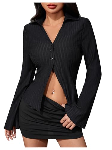 Amazon.com: MakeMeChic Women's Button Down Shirts Bell Sleeve Tops