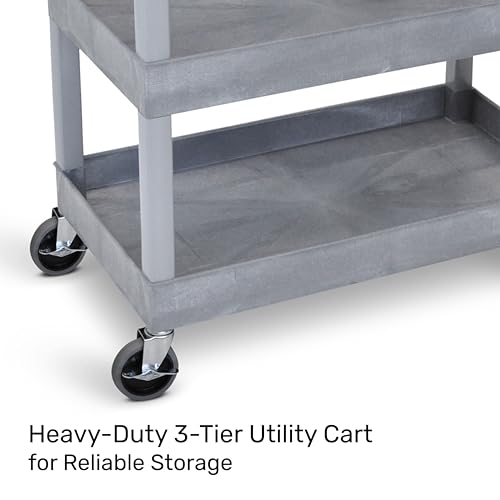 Image of Tubstr 3-Tier Rolling Utility Cart with Wheels | Supports 300 lbs. Total | Heavy-Duty Capacity for Garage Storage, Office Spaces, & Kitchen Use | Durable Tool Cart with Locking Wheels (Gray, 32 x 18)