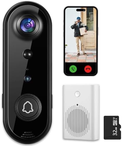 eudic Doorbell Camera Wireless 2K,[ Head-To-Toe View ],3MP Video Doorbell with 32GB SD Card/Cloud Storage,Night Vision, 2-Way Audio, PIR Motion Detection, 2.4Ghz WiFi,Alert (J5-2K-Head to Toe)
