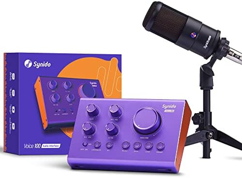 Audio Interface Sound Card, Synido Beginner Podcast Equipment Bundle with 3.5mm Microphone for Live Streaming, PC, Mac, Recording, Gaming, Guitar…