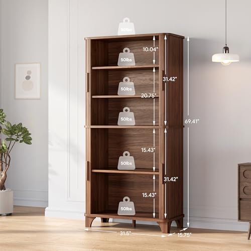 Image of Decofy 69 inch Tall Kitchen Pantry Storage Cabinet with Sliding Door, Modern Curved Edge Pantry Storage Cabinet with 5 Shelves, Cupboard for the Kitchen, Dining Room, Bedroom, Living Room, Office (Walnut)