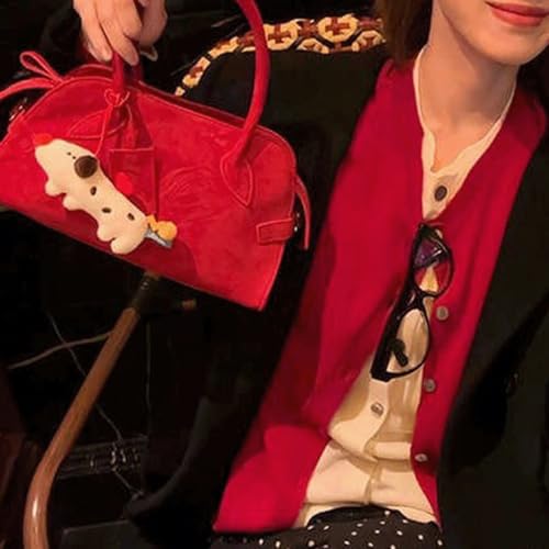 Suede Purse Red Cute Suede Bag Soft Satchel Purse for Women Cute Bowler Handbag with Dog Charm Top Handle Shoulder Bags 20254