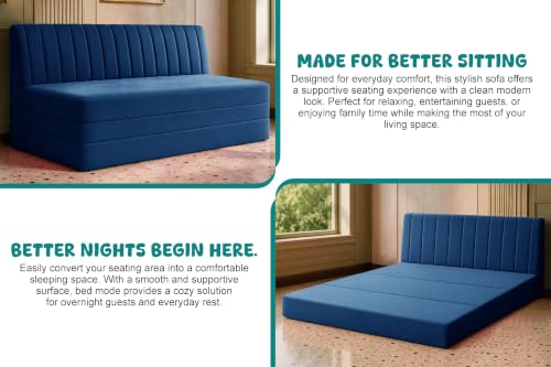 Image of Los Angeles Modern Velvet 3-Seater Sofa Cum Bed, Multipurpose Convertible Sleeper Couch Sofa for Living Room, Bedroom & Office- Blue Color