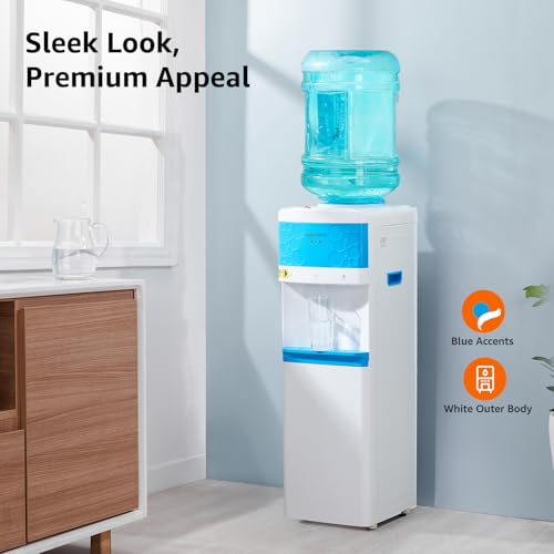 Image of amazon basics Hot and Cold Floor Standing Water Dispenser, Top Loading, 20Litre White & Blue Deco