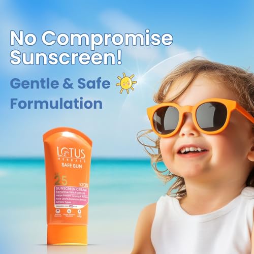 Image of Lotus Herbals Safe Sun Kids Sunscreen Cream for Sensitive Skin | SPF 25 | Non Greasy | Sweat & Waterproof | 50g