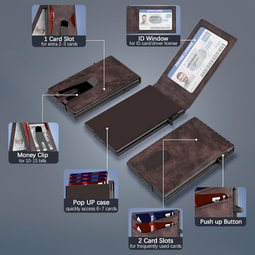 Slim Wallet for Men, Credit Card Holder with Pop Up Card Case, RFID Blocking, Mens Minimalist Wallet with Metal Money Clip | Smart Wallet |Gift Box |Brown2