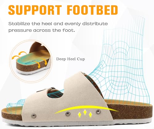 Image of ONCAI Womens Flat Slide Sandals with Arch Support 2 Strap Adjustable Buckle Slip on Slides Shoes Non Slip Rubber Sole