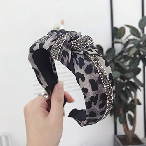 MHDGG Headbands for Women Knotted Headbands Rhinestone Diamond Turban Headbands for Women Wide Headbands for Women Vintage Hairband Hair Hoops Hair Accessories,Leopard Gray
