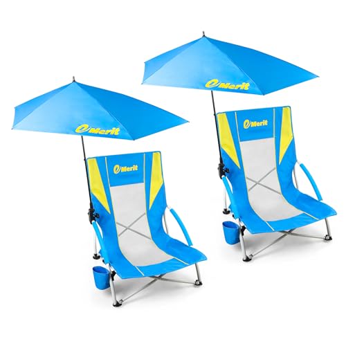 Image of EMERIT Beach Chair with 360 Adjustable UPF 50+ Umbrella, 300 lbs Heavy Duty Capacity Low Profile Sand Chair, 7 lbs Lightweight Backpack Folding Chair for Soccer Sidelines, Concerts & Camping