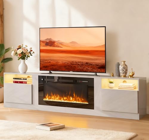 Image of MXV 80 inch Fireplace TV Stand for TVs Up to 90 inch, LED Light Entertainment Center with 36 inch Electric Fireplace, Modern Wood Texture TV Media Console with Highlight Storage Cabinet, Grey-Black