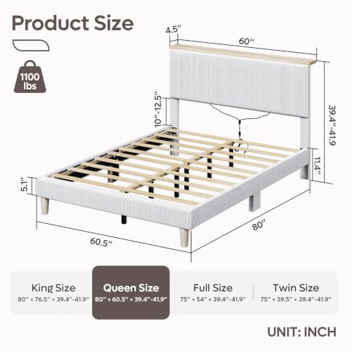Image of Bestier Queen Size Bed Frame with Adjustable Headboard & LED, Light Grey