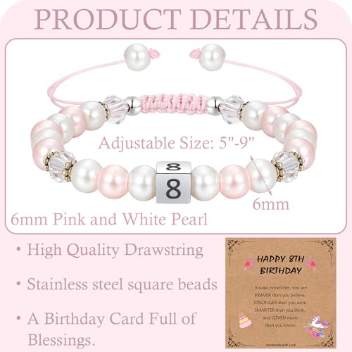 Image of 4-12 Year Old Girl Birthday Gifts, Adjustable Pink White Pearl Beaded Bracelet for Teen Girls, 4-12th Happy Birthday Christmas Graduation Gifts for Daughter Granddaughter Niece