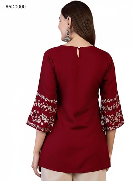 Image of MAHIRA'S Comfort Women's Short Kurti, Rayon Tunic Top with 3 /4 Embroidered Designer Sleeves | Soft Breathable Fabric | Office & Casual Kurti for Jeans, Leggings & Trousers