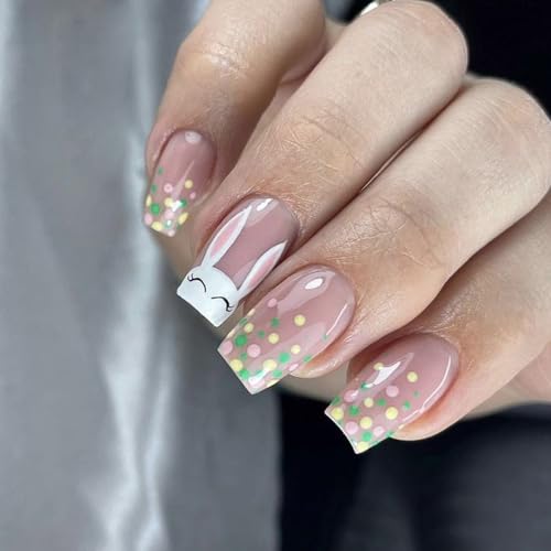 24 uñas postizas cuadradas a presión, uñas postizas de Pascua con diseños de conejos para fiestas y uso diario
