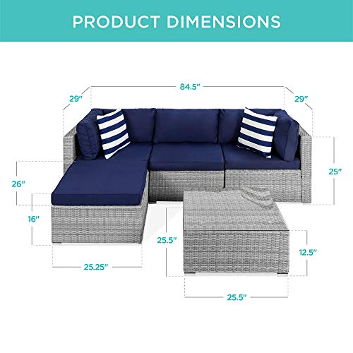 Best Choice Products 5-Piece Modular Conversation Set, Outdoor Sectional Wicker Furniture For Patio, Backyard, Garden W/ 3 Chairs, Ottoman Chair, 2 Pillows, 6 Seat Clips, Coffee Table - Gray/Navy #TOP6