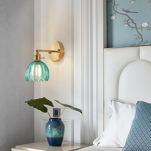 Image of Vintage Wall Sconces with Gold Finish, Adjustable Arm, Ribbed Glass Shadewall Light fixtures Wall Lights for Bedroom, Living Room, Hallway, or Bathroom (Blue)