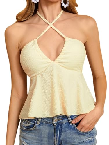 MakeMeChic Women's Criss Cross Halter Tops Babydoll Concert
