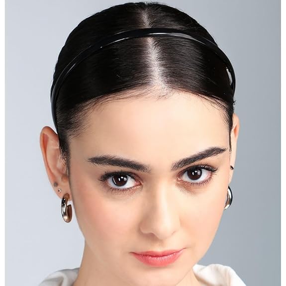 Image of Truvic Black Hair Bands for Women & Girls - Set of 6, Glossy Finish, Assorted Widths, Non-Slip Headbands for Makeup, Sports, School, Office & Hair Styling Accessories
