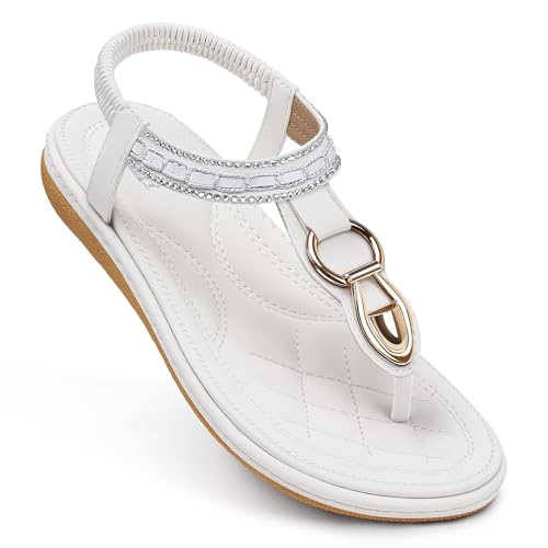 Image of SHIBEVER Flat Sandals for Women Dressy: Comfortable Thong Slip On Sandal | Elastic Ankle Strap Bohemian Women's Flats Shoes - Summer Comfort Flip Flops Open Toe Orthopedic for Walking Casual