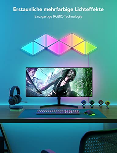 Govee Glide Triangle LED Light Panels, Smart RGBIC Wandleuchte Innen Lichtpanel Wi-Fi Dimmbar DIY, Music Sync, funktioniert mit Alexa und Google Assistant, für Gaming und Weihnachten Deko, 10 Panels