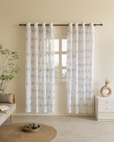 Image of THE LINEN COMPANY Cotton Linen Solid Sheer Small Window Curtain Set with Steel Eyelet Rings, 4 Feet, Blue Dandelions, Pack of 2 Pcs