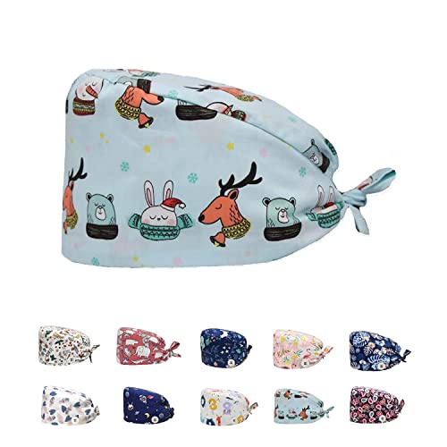 Siribelle Gorros Quirofano Mujer Hombre Gorro Sanitarios Ajustable Transpirable Gorro de Enfermera Cocinero Dentista Gorro con Botones Muñeco Nieve Alce