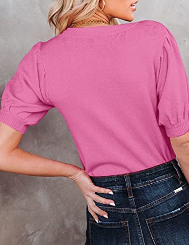 Image of Womens Puff Short Sleeve Sweater Tops Crewneck Basic Knit Pullover Lightweight Casual Sweaters