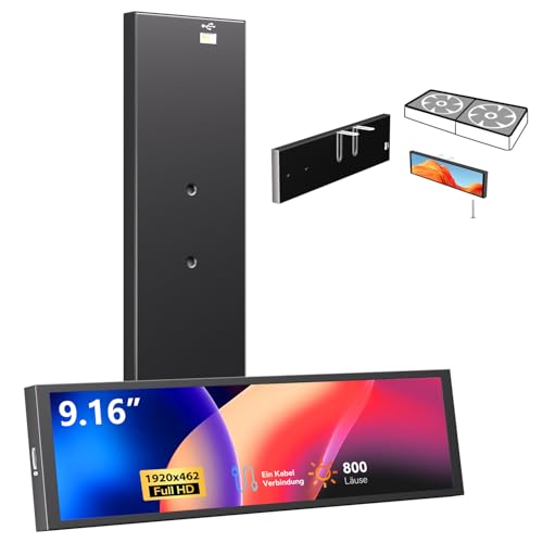 9.16" Computer Temp Monitor, FHD 1920x462 PC Sensor Panel One-Cable Connection(No HDMI Needed), Stretched Bar LCD Dynamic Theme Supported, IPS Mini Secondary Screen for CPU RAM HDD Data Aida64 (Black)